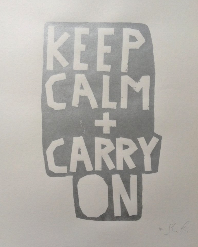Keep Calm + Carry On (Silver on White) - Screenprint by Barbara Smith