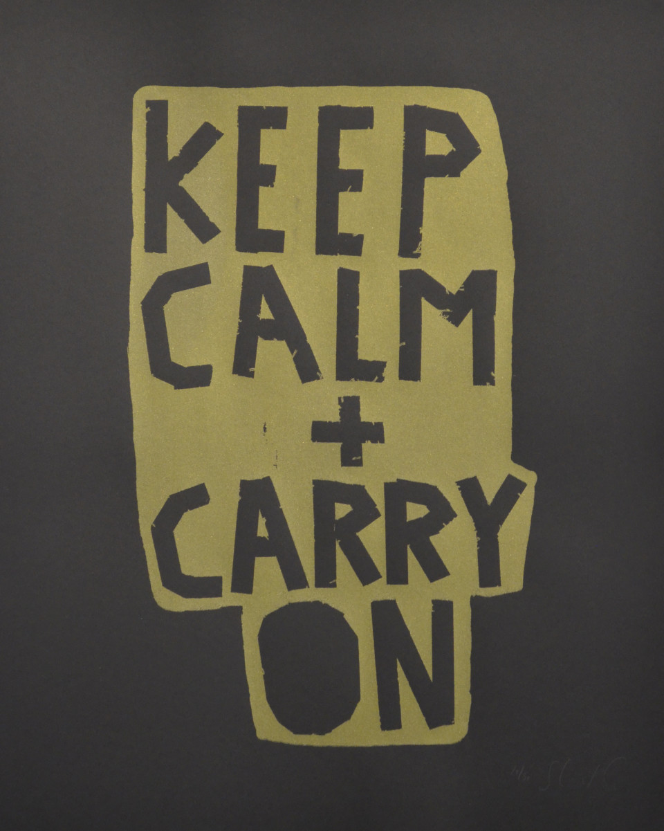 Keep Calm + Carry On (Gold on Black) - Screenprint by Barbara Smith